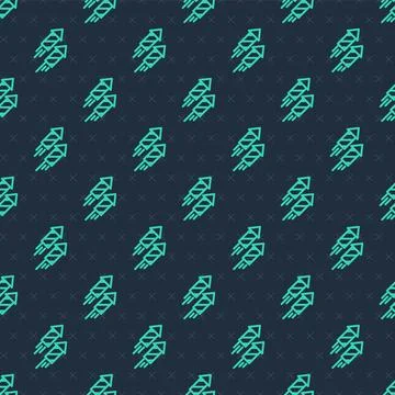 Green line Firework rocket icon isolated seamless pattern on blue backgroun.. Illustrazione stock
