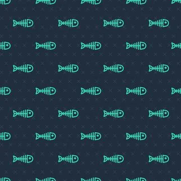 Green line Fish skeleton icon isolated seamless pattern on blue background. Fish Illustrazione stock