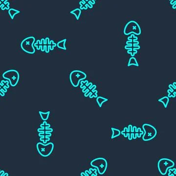 Green line Fish skeleton icon isolated seamless pattern on blue background. F 스톡 일러스트