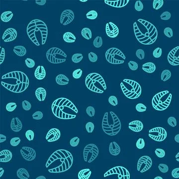 Green line Fish steak icon isolated seamless pattern on blue background. Vector 스톡 일러스트