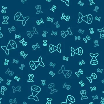 Green line Fish tail icon isolated seamless pattern on blue background. Vector Illustrazione stock
