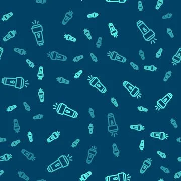 Green line Flashlight icon isolated seamless pattern on blue background. Vector イラスト素材