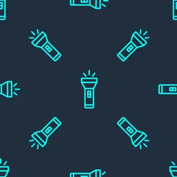 Green line Flashlight icon isolated seamless pattern on blue background. Vector Stock Illustration