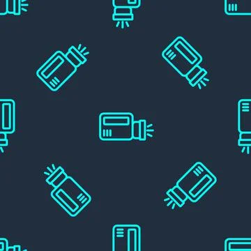 Green line Flashlight icon isolated seamless pattern on blue background. Vector Stock Illustration