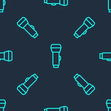 Green line Flashlight icon isolated seamless pattern on blue background. Vector Stock Illustration
