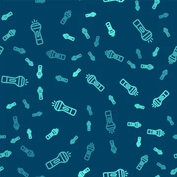 Green line Flashlight icon isolated seamless pattern on blue background.  V.. イラスト素材