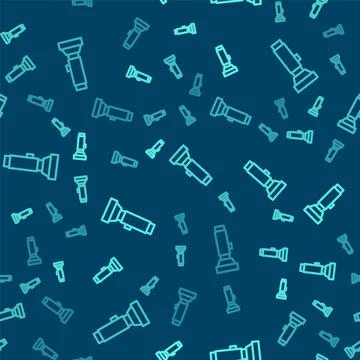 Green line Flashlight icon isolated seamless pattern on blue background. Vect 스톡 일러스트