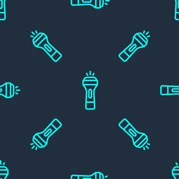 Green line Flashlight icon isolated seamless pattern on blue background.  V.. イラスト素材