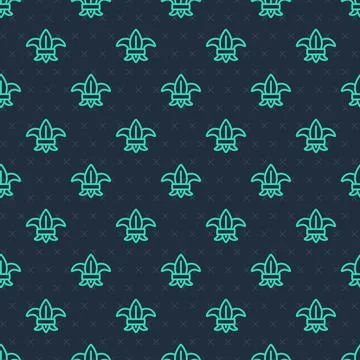 Green line Fleur de lys or lily flower icon isolated seamless pattern on blue Stock Illustration