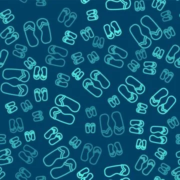 Green line Flip flops icon isolated seamless pattern on blue background. Beach Stock Illustration
