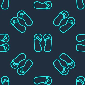 Green line Flip flops icon isolated seamless pattern on blue background. Beach Stock Illustration