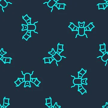 Green line Flying bat icon isolated seamless pattern on blue background. Happy Stock Illustration