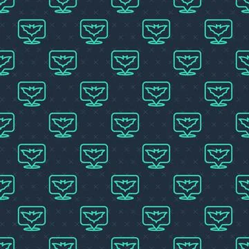 Green line Flying bat icon isolated seamless pattern on blue background. Happy Stock Illustration