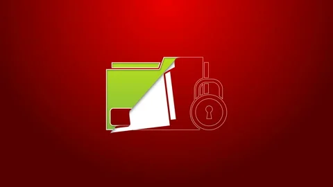 Green line Folder and lock icon isolated on red background. Closed folder and Video stock 143752347