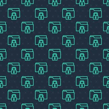 Green line Folder and lock icon isolated seamless pattern on blue background Illustrazione stock
