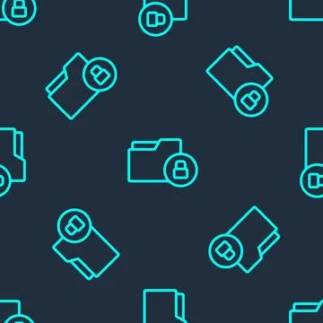 Green line Folder and lock icon isolated seamless pattern on blue backgroun.. 스톡 일러스트