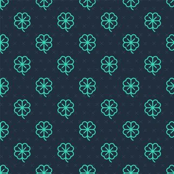 Green line Four leaf clover icon isolated seamless pattern on blue background Stock Illustration