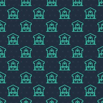 Green line Full warehouse icon isolated seamless pattern on blue background.  Stock Illustration