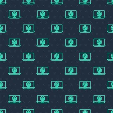 Green line Game dice icon isolated seamless pattern on blue background. Casino Stock Illustration