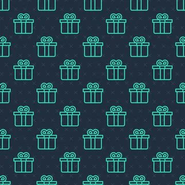 Green line Gift box icon isolated seamless pattern on blue background. Vector Stock Illustration