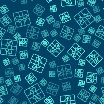 Green line Gift box icon isolated seamless pattern on blue background Stock Illustration