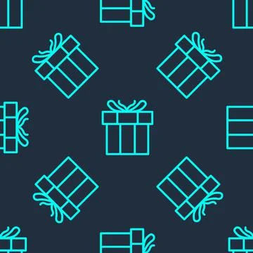 Green line Gift box icon isolated seamless pattern on blue background. Vale.. Illustrazione stock