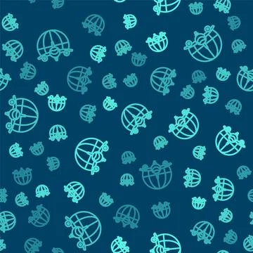 Green line Globe with flying plane icon isolated seamless pattern on blue Illustrazione stock