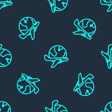 Green line Globe with flying plane icon isolated seamless pattern on blue Illustrazione stock