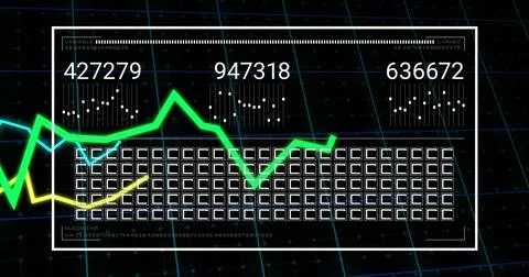 Green line graph and binary code image over digital grid background Stock Photos