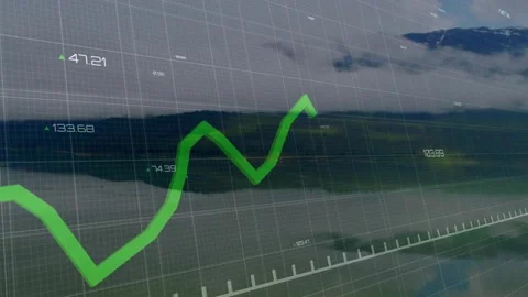 Green line graph appearing left drawing right across grid rising, spiking over Stock Footage 330238024