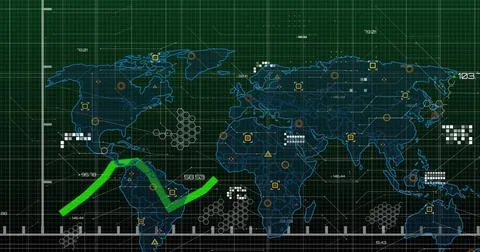 Green line graph image over world map with data points and grid Illustrazione stock