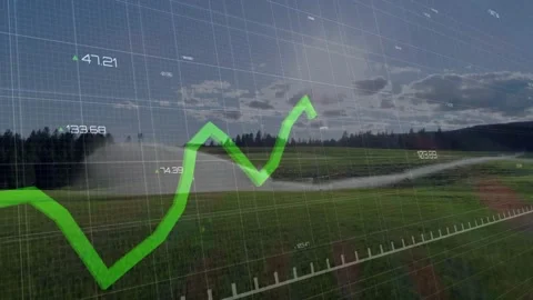 Green line graph moving across farming field over 3D grid, driven by sensor data Stock Footage 331380039