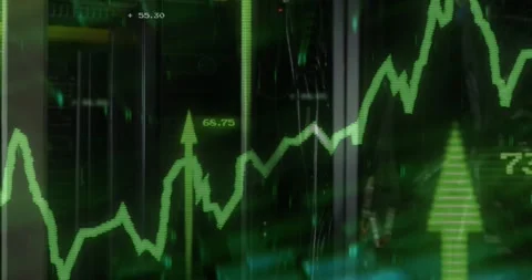 Green line graph rising over server racks in 3D render, showing arrow icons and Stock Footage 326762168
