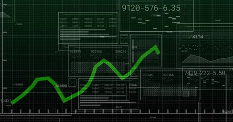 Green line graph starting lower left pausing tracing jagged rise through data Stock-Footage 314791536