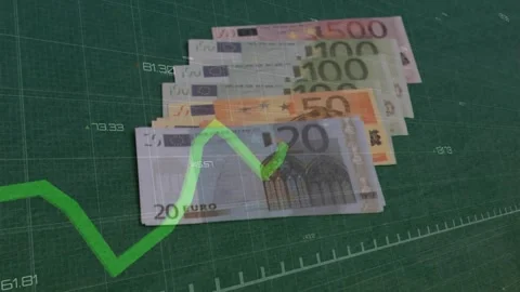 Green line graph starting tracing from left across grid as euro notes stacking Stock Footage 318194366