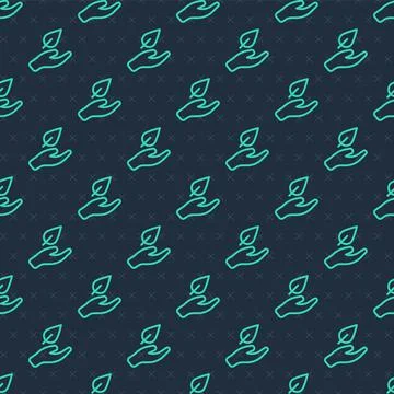 Green line Hand hold a leaf of the plant icon isolated seamless pattern on blue Stock Illustration