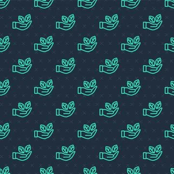 Green line Hand hold a leaf of the plant icon isolated seamless pattern on .. Stock Illustration