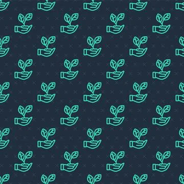 Green line Hand hold a leaf of the plant icon isolated seamless pattern on .. Stock Illustration