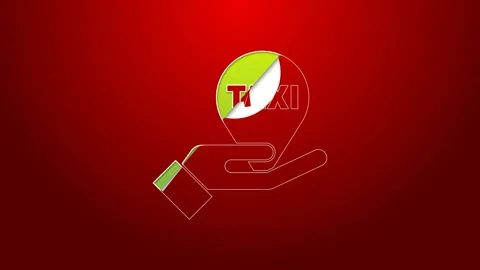 Green line Hand on map pointer with taxi icon isolated on red background Stock Footage 143621917
