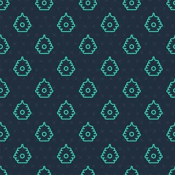 Green line Hive for bees icon isolated seamless pattern on blue background Stock Illustration