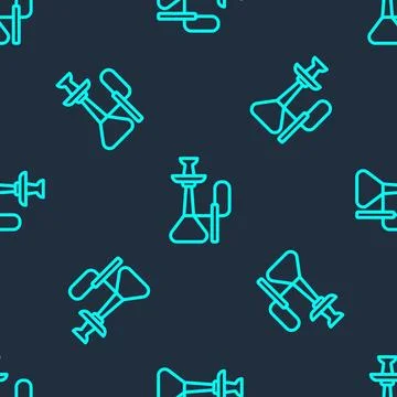 Green line Hookah icon isolated seamless pattern on blue background.  Vector Stock Illustration