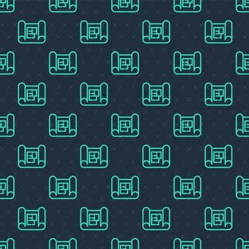 Green line House plan icon isolated seamless pattern on blue background.  Vec Stock Illustration
