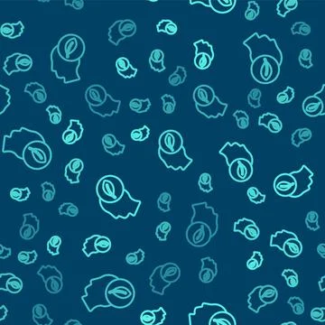 Green line Human head with leaf inside icon isolated seamless pattern on blue Stock Illustration