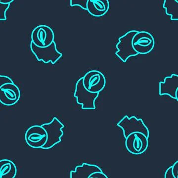 Green line Human head with leaf inside icon isolated seamless pattern on blue Stock Illustration