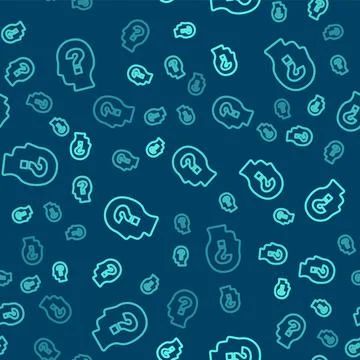 Green line Human head with question mark icon isolated seamless pattern on blue Ilustración de archivo