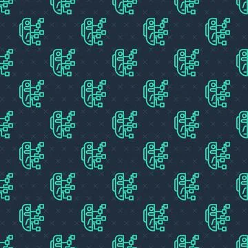 Green line Humanoid robot icon isolated seamless pattern on blue background Illustrazione stock