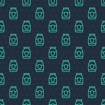 Green line Jam jar icon isolated seamless pattern on blue background. Vector Stock Illustration