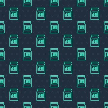 Green line Jam jar icon isolated seamless pattern on blue background.  Vector Stock Illustration