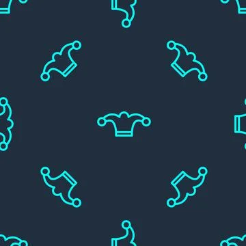 Green line Jester hat with bells isolated seamless pattern on blue background Illustrazione stock