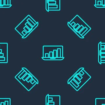 Green line Laptop with graph chart icon isolated seamless pattern on blue Illustrazione stock